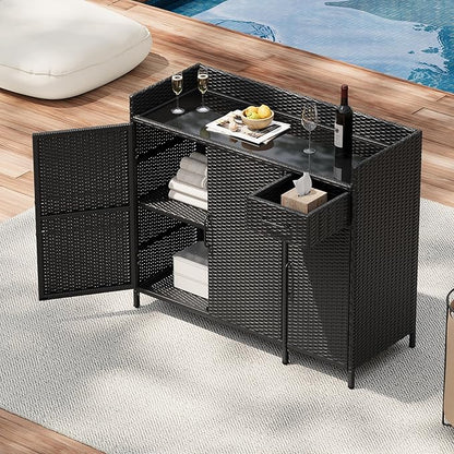 47.5 Inch Outdoor Storage Cabinet Wicker Buffet Table Patio Sideboard Tempered Glass Top Adjustable Shelves 3 Door Rattan Kitchen Island Drawer Dining Serving Console Metal Frame Black Brown