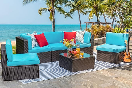 Vongrasig 6 Piece Small Patio Furniture Sets, Outdoor Sectional Sofa All Weather PE Wicker Patio Sofa Couch Garden Backyard Conversation Set with Glass Table,Blue Cushions and Red Pillows (Blue)