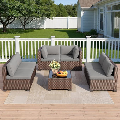 Qsun 7 Pieces Outdoor Patio Furniture Set, PE Rattan Outdoor Wicker Sectional Furniture Sofa Set, with Cushions and Glass Coffee Table, for Balcony, Porch, Garden, Grey