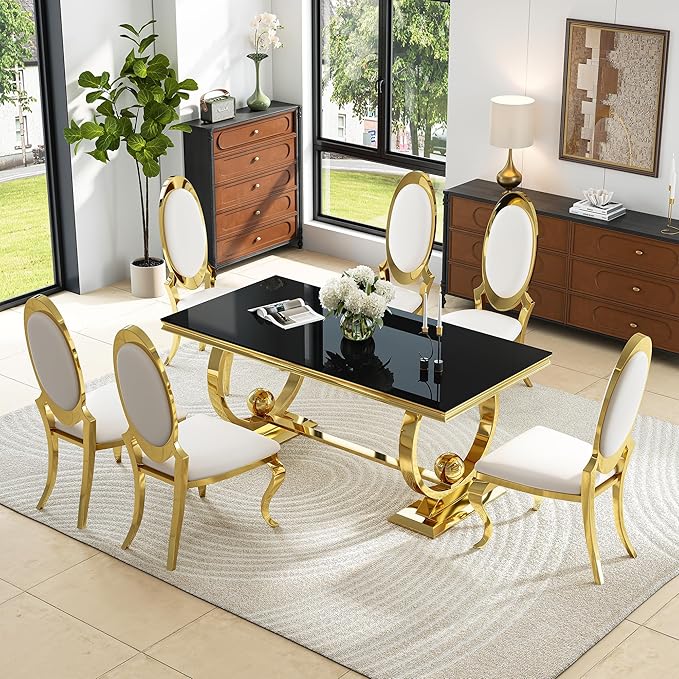 7-Piece Modern Luxury Dining Table Set, 70" Black Tempered Glass Kitchen Table with Gold Polished Stainless Steel U-Shaped Pedestal Base and 6 White Oval High-Back PU Leather Chairs for Dining Room