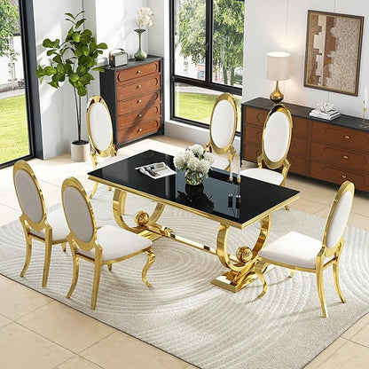 7-Piece Modern Luxury Dining Table Set, 70" Black Tempered Glass Kitchen Table with Gold Polished Stainless Steel U-Shaped Pedestal Base and 6 White Oval High-Back PU Leather Chairs for Dining Room
