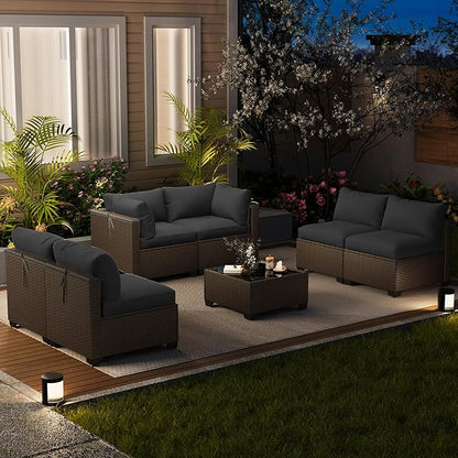 LOUVIXA 7 Piece Outdoor Patio Furniture Set, Outdoor Sectional Sofa, Wicker Rattan Patio Furniture, Patio Conversation Set with Coffee Table & Cushions