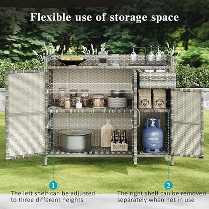 47.5 Inch Outdoor Storage Cabinet Wicker Buffet Table Patio Sideboard Tempered Glass Top Adjustable Shelves 3 Door Rattan Kitchen Island Drawer Dining Serving Console Metal Frame Grey