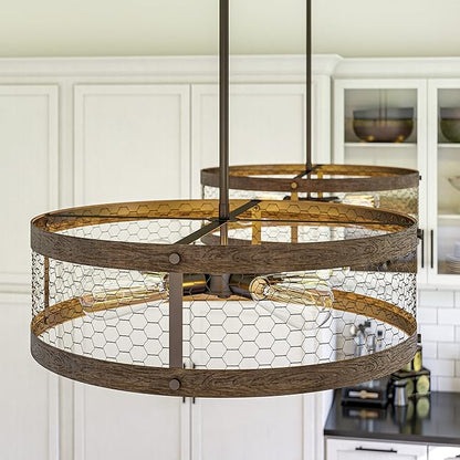 Kenroy Home 94046ORB Cozy 4 Light Pendant with Wood and Oil Rubbed Bronze Finish, Rustic Style, 7" Height, 20.375" Width, 20.375" Depth