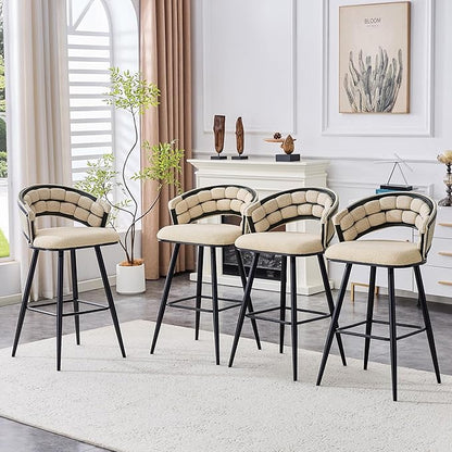 Set of 2 Beige Velvet Bar Stools with Black Iron Legs, Kitchen Island Counter Height Stools