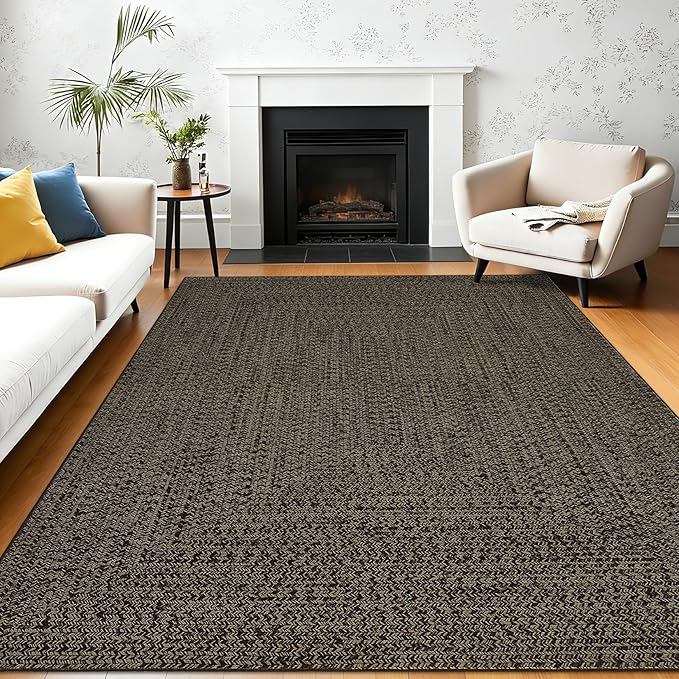Printed Washable Rugs 10x13 Area Rug for Living Room Modern Bedroom Rug Print Braided Soft Large Area Rug Non Slip Throw Rugs Stain Resistant Carpet for Nursery Dining Room 10'x13' Black/Brown