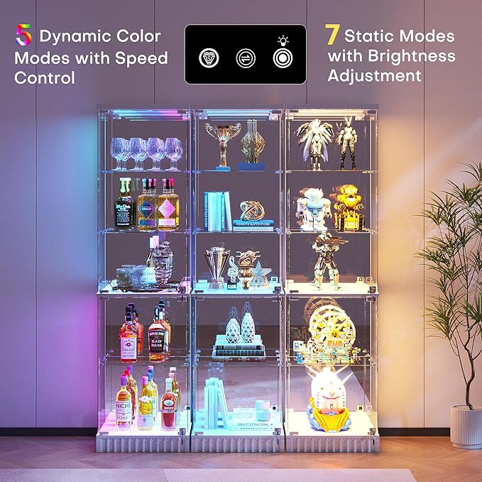 HNEBC 6-Tier Shelf with Glass Door, LED Display Case with RGB Lights& Motion Sensor, Lockable Curio Cabinet for Collectibles,Bookcase,China Cabinet-White