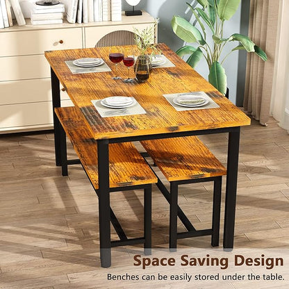 DKLGG Dining Table Set for 4, 47.2'' Kitchen Table with 2 Benches, 3 Piece Farmhouse Dining Room Table Set, Space-Saving Dinette for Kitchen, Dining Room, Apartment, Metal Frame & MDF Board