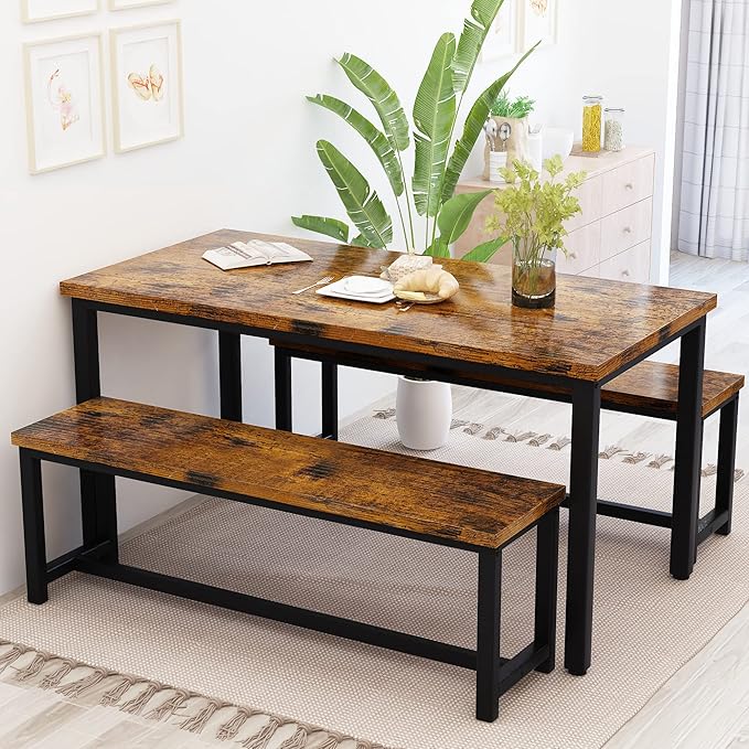 Recaceik Dining Table Set with Bench, 3 Pieces Dining Furniture Set Kitchen Table Set Sturdy Structure Space-Saving Dinette for Kitchen, Dining Room Breakfast Nook, Living Room, Rustic Brow
