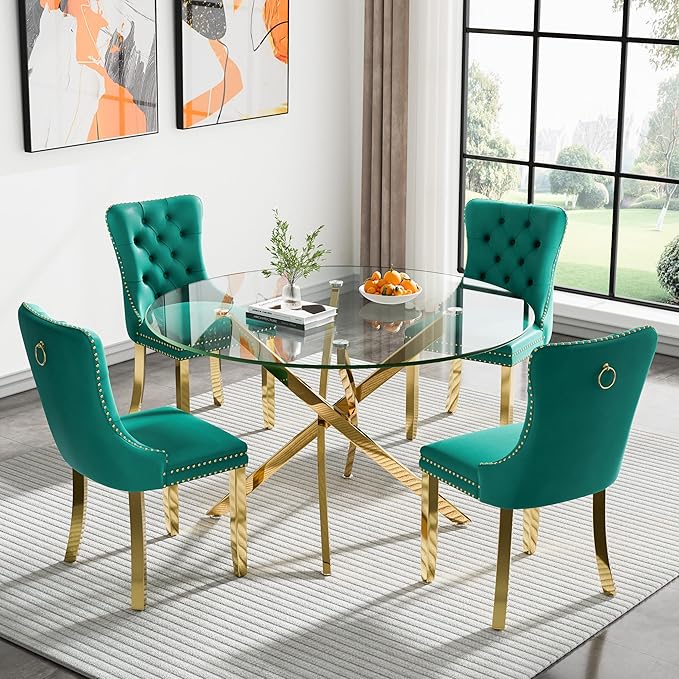 SSLine 47.2" Round Glass Dining Table for 4-6 Modern Circle Glass Tabletop Kitchen Table for 6 Luxury Dining Room Tables with Gold Nest-Shape Metal Base for Home Kitchen Dining Room