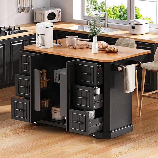 Ball & Cast 56" Large Kitchen Island with Drop Leaf and Power Outlet,Rolling Kitchen Cart on 4 Wheels W/ 6 Drawers,Folding Storage Dining Table W/Spice & Towel Rack,for Kitchen,Dining Room,Black