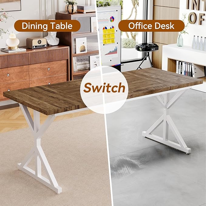 Farmhouse Dining Table for 6 People, 70.8 Inch Rectangular Wood Dining Table, Rustic Kitchen Table with Extra Heavy Duty Metal Legs for Dining Room-Oak