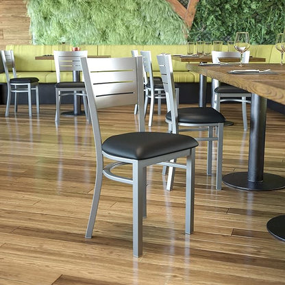 Flash Furniture HERCULES Series Silver Slat Back Metal Restaurant Chair - Black Vinyl Seat