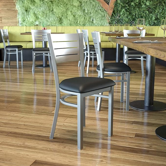Flash Furniture HERCULES Series Silver Slat Back Metal Restaurant Chair - Black Vinyl Seat