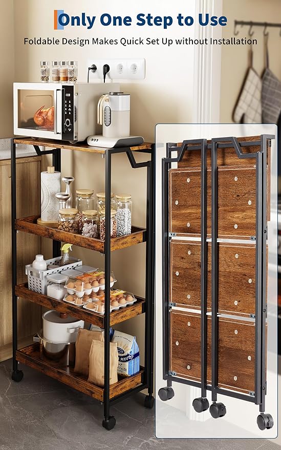 PeakPursuit Large 4-Tier Collapsible Wooden Storage Shelf – Heavy Duty 100 lbs Capacity, Locking Wheels – Space-Saving Organizer for Kitchen, Garage, Workshop, Home – No Assembly Required