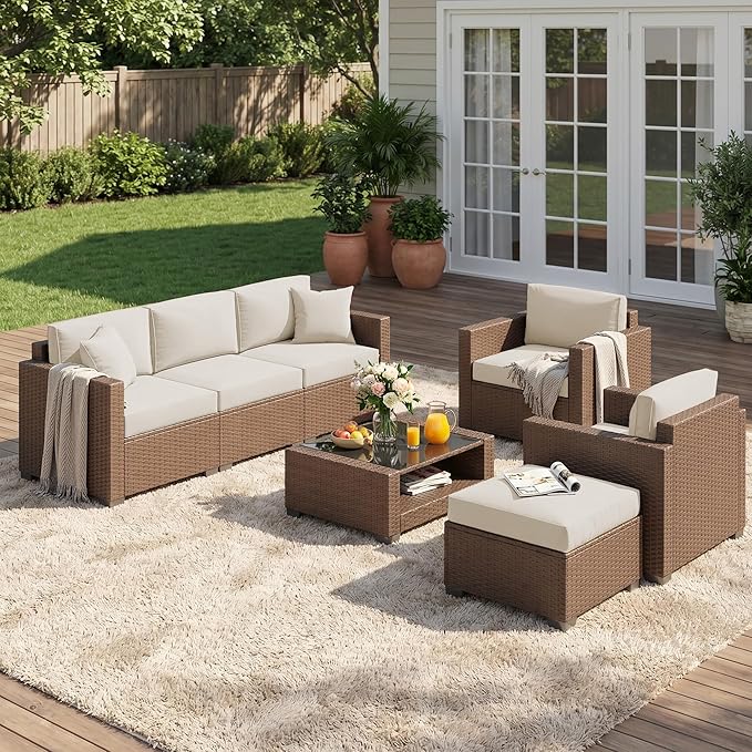 Patio Furniture Set, 7-Piece Outdoor Sectional Couch with Coffee Table & Thick Cushions, Outdoor Wicker Conversation Set for Backyard, Poolside, Garden (Brown-White, 7 Piece-Double)