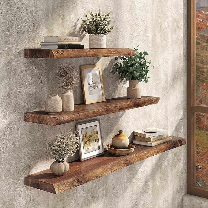 Live Edge Floating Shelves Set of 2, 32 Inch Solid Elm Wood Wall Shelves - Invisible Bracket Mount for Living Room, Bedroom, Kitchen, Bathroom | Vintage Rustic Decor