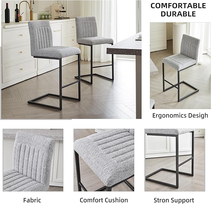 26" Counter Height Bar Stools Set of 2, Modern Upholstered Chairs with Vertical Tufted Backrest & Footrest, Metal Frame for Kitchen Island, Home Bar (Light Gray Knitted)