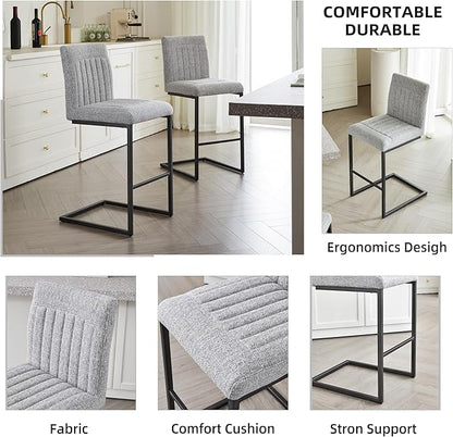 26" Counter Height Bar Stools Set of 2, Modern Upholstered Chairs with Vertical Tufted Backrest & Footrest, Metal Frame for Kitchen Island, Home Bar (Light Gray Knitted)