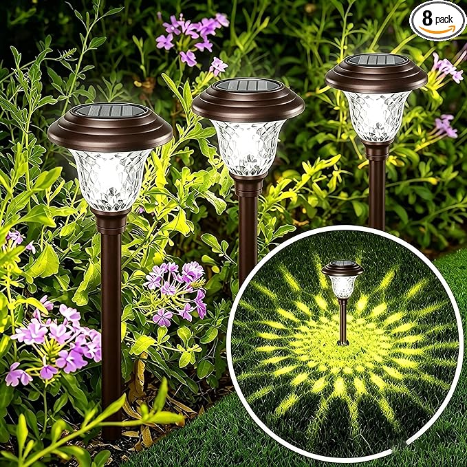 BEAU JARDIN 8 Pack Solar Pathway Lights Outdoor Solar Powered Waterproof Glass Christmas Gift High Lumen for Garden Landscape Path Yard Walkway Driveway White Color Changing Bronze
