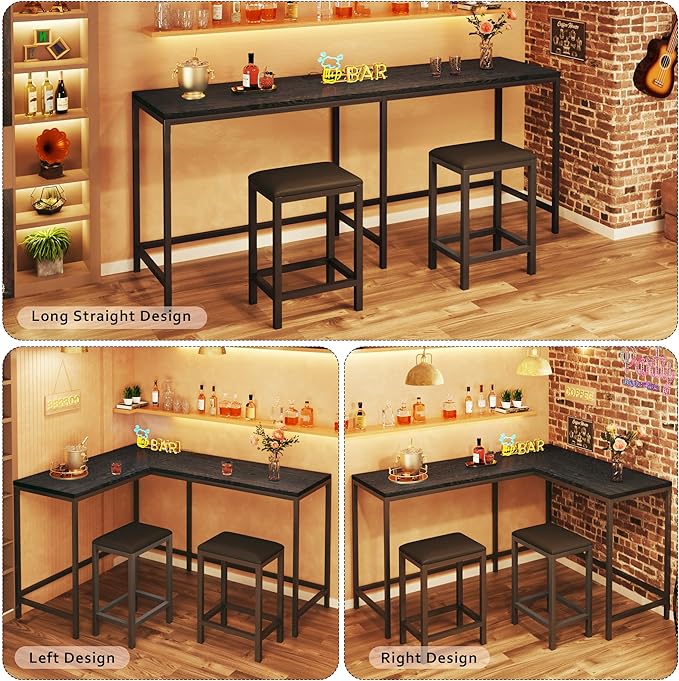 HUAHUU L Shaped Bar Table with Stools, 63‘’ Bar Height Table with Power Outlets, Convertible Corner Counter Height Bar Table with 2 Stools, Rectangular High Top Table for Small Spaces, Breakfast Nook
