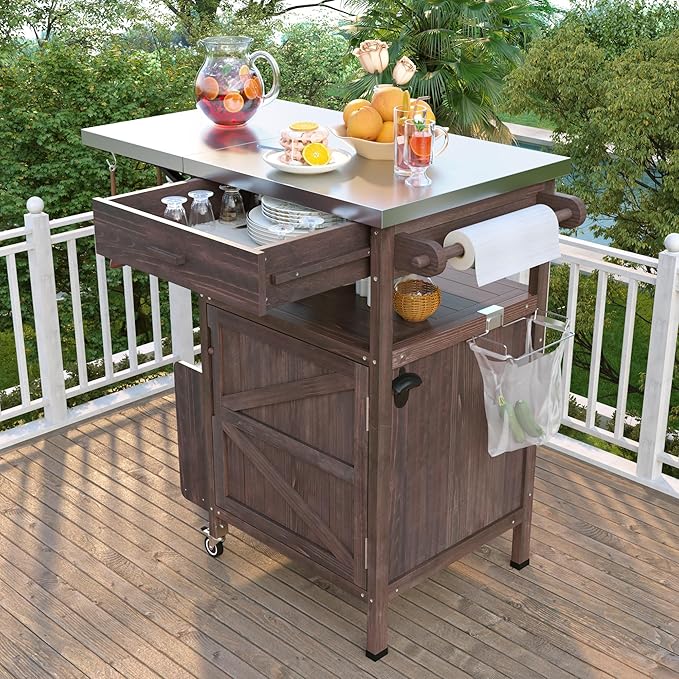 YOPTO 40.5" Outdoor Grill Cart,100% Fir Wood,Stainless Steel Top,Drop Leaf,Lockable Wheels,Towel Rack,Drawer,Rolling Kitchen Cart for Lawn & Garden,Brown