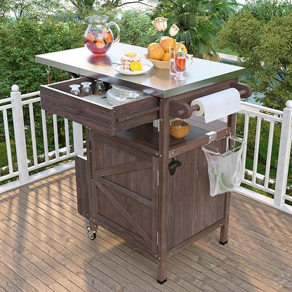 YOPTO 40.5" Outdoor Grill Cart,100% Fir Wood,Stainless Steel Top,Drop Leaf,Lockable Wheels,Towel Rack,Drawer,Rolling Kitchen Cart for Lawn & Garden,Brown