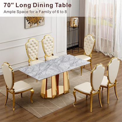 70" Marble Dining Table for 6-8, Modern Luxury Gold Rectangular Large Kitchen Table, Marble Grain MDF Tabletop & Stainless Steel Base, Dinner Furniture for Kitchen Dining Room, Meeting Room, Grey