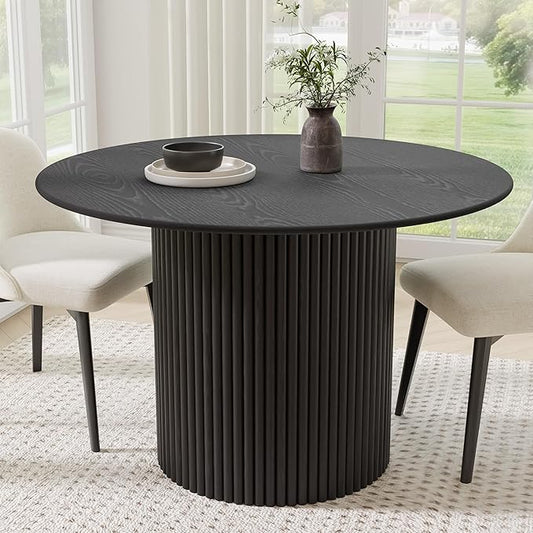 Casaphoria 46" Round Dining Table, Modern Wood Kitchen Table with Cylinder Stripe Base for Living Room & Dining Room, Easy Assembly Farmhouse Furniture for 4-6, Black