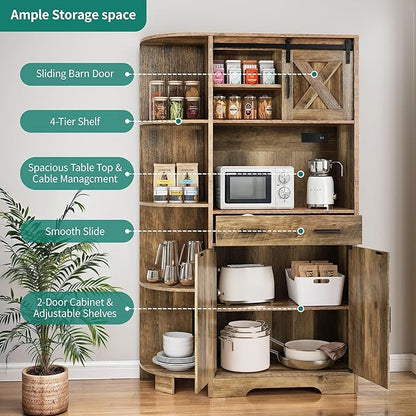 YITAHOME 67" Farmhouse Kitchen Pantry with Power Outlet, Sliding Barn Door Storage Cabinet w Charging Station, Freestanding Hutch with Shelves & Drawer, Microwave Stand Cupboard for Dining Room, Oak
