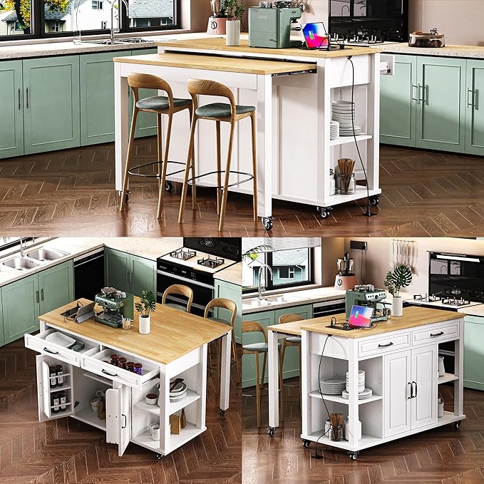 GOWE K&K 47 inch Kitchen Island with Extendable Dining Table, Rubber Wood Veneer Kitchen Table with Internal Storage Rack, Power Outlet, Kitchen Island with Storage 2 Drawers 2 Cabinet,White