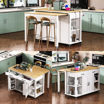 GOWE K&K 47 inch Kitchen Island with Extendable Dining Table, Rubber Wood Veneer Kitchen Table with Internal Storage Rack, Power Outlet, Kitchen Island with Storage 2 Drawers 2 Cabinet,White