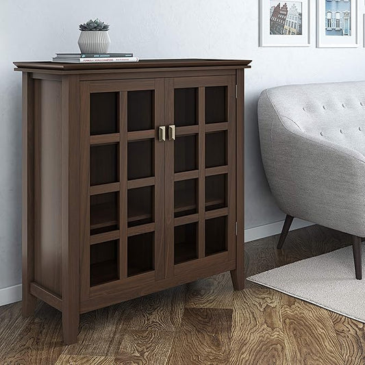 SIMPLIHOME Artisan Storage Cabinet - 38 inch Wide Solid Wood Medium Cabinet in Tobacco Brown, Transitional Accent Cabinet for Living Room or Dining Room with Glass Doors and Adjustable Shelves