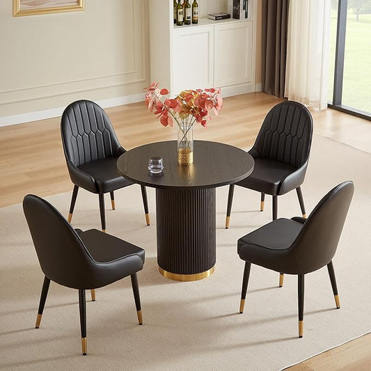 Round Dining Table Set for 4, 35.04" Modern Farmhouse Dining Table and 4 Leather Dining Chair, Small Circle Kitchen Tables with Wood & Gold Stainless Steel Base for Living Room, Kitchen, Black