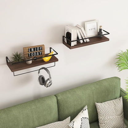 Wood Floating Shelves Wall Mounted - 2+1 Tier Rustic Bathroom Wall Shelves Over Toilet with Towel Bar, Natural Wood Set of 2 Farmhouse Floating Shelf for Bathroom, Kitchen, Bedroom, Dark Brown