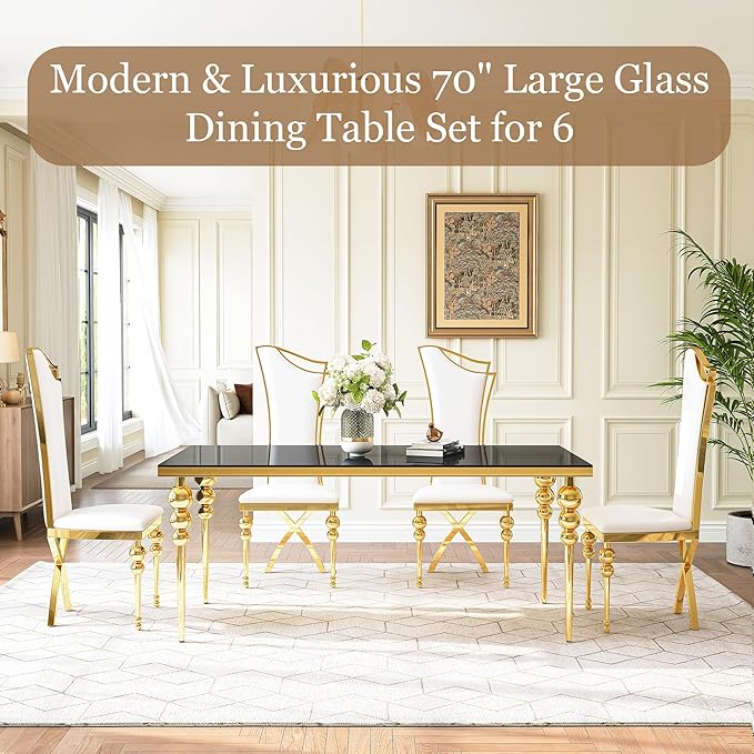 Glass Dining Table Set for 6, Luxurious 70 Inch Rectangular Kitchen Table with Black Tempered Glass Top, 6 White PU Leather Cushion Chairs for Dining Room, Restaurant, Living Room