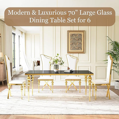 Glass Dining Table Set for 6, Luxurious 70 Inch Rectangular Kitchen Table with Black Tempered Glass Top, 6 White PU Leather Cushion Chairs for Dining Room, Restaurant, Living Room