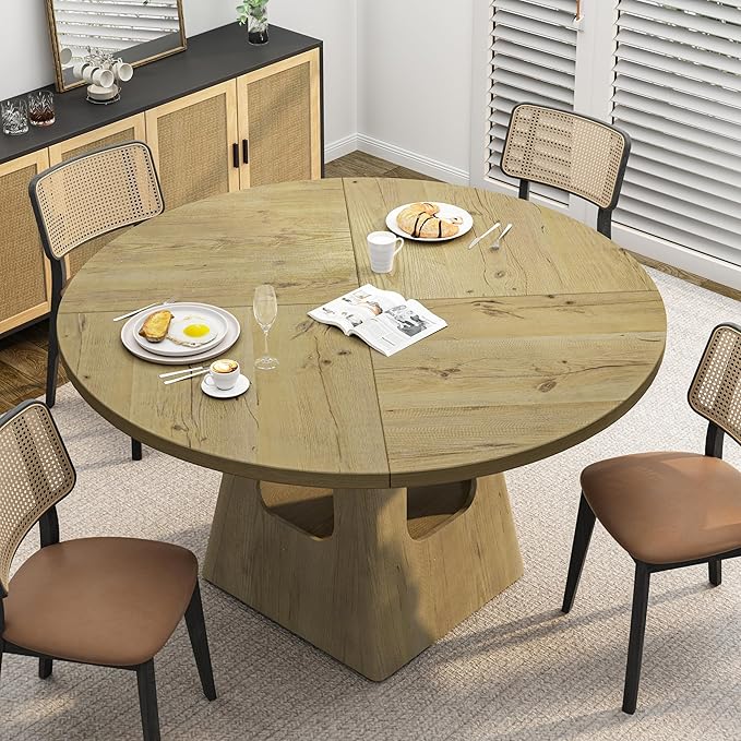 JOSHEN 47" Round Rustic Dining Table, Kitchen Table with Storage Shelf, Dinner Tables with Solid Wood Frame for Home Dining, Natural
