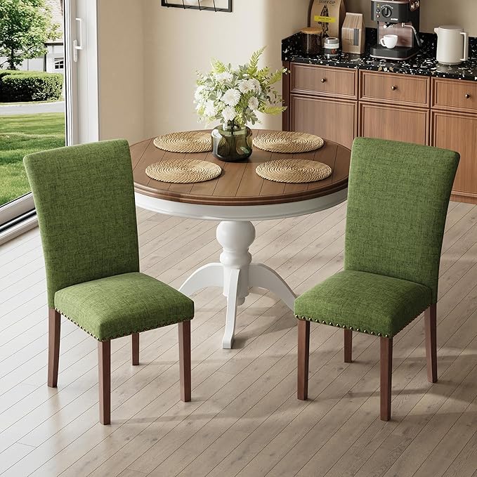 COLAMY Upholstered Parsons Dining Chairs Set of 2, Fabric Dining Room Kitchen Side Chair with Nailhead Trim and Wood Legs - Green