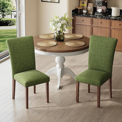 COLAMY Upholstered Parsons Dining Chairs Set of 2, Fabric Dining Room Kitchen Side Chair with Nailhead Trim and Wood Legs - Green