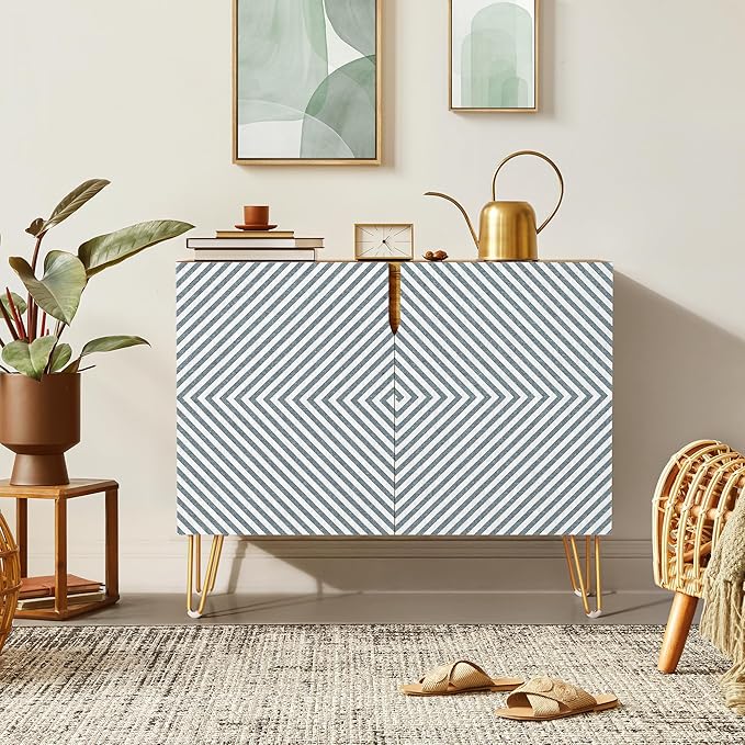 SIGNWIN Sideboard Buffet Cabinet, Kitchen Storage Cabinet with 2 Doors, Optical Illusion Diamond Patterns, Cupboard Console Table for Dining Room - 35" L x 18" W x 29" H