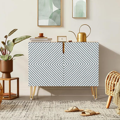 SIGNWIN Sideboard Buffet Cabinet, Kitchen Storage Cabinet with 2 Doors, Optical Illusion Diamond Patterns, Cupboard Console Table for Dining Room - 35" L x 18" W x 29" H
