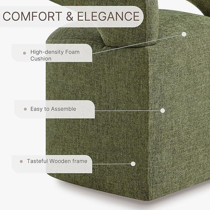KISLOT Upholstered Dining Chairs with Casters, Modern Barrel Side Armchair with Rollers for Dining Room, Bedroom, Kitchen, Reading Room, Green, Set of 1