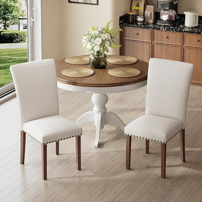 COLAMY Upholstered Parsons Dining Chairs Set of 2, Fabric Dining Room Kitchen Side Chair with Nailhead Trim and Wood Legs - Beige