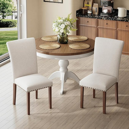 COLAMY Upholstered Parsons Dining Chairs Set of 2, Fabric Dining Room Kitchen Side Chair with Nailhead Trim and Wood Legs - Beige