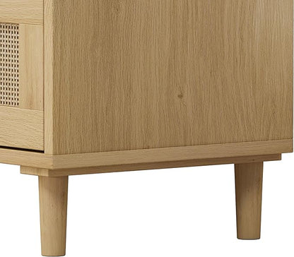 GDFStudio 31.5" Rattan Storage Cabinet with 3 Drawers, Modern Farmhouse Sideboard Buffet Cabinet, Wood Credenza Console Table for Living Room Dining Room Kitchen Hallway, Easy Assembly, Oak