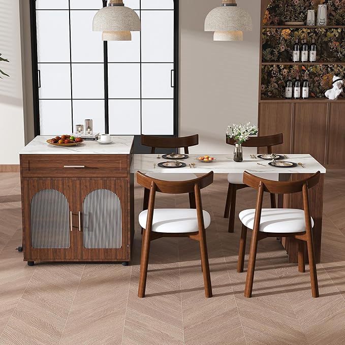 GOWE 80-Inch Expandable Kitchen Island Dining Set with 4 Solid Wood Chairs, Walnut Marble-Grain Countertop with Power Outlet, Mobile Storage Cart with Cabinet & 2 Drawers