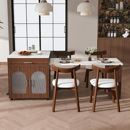 GOWE 80-Inch Expandable Kitchen Island Dining Set with 4 Solid Wood Chairs, Walnut Marble-Grain Countertop with Power Outlet, Mobile Storage Cart with Cabinet & 2 Drawers