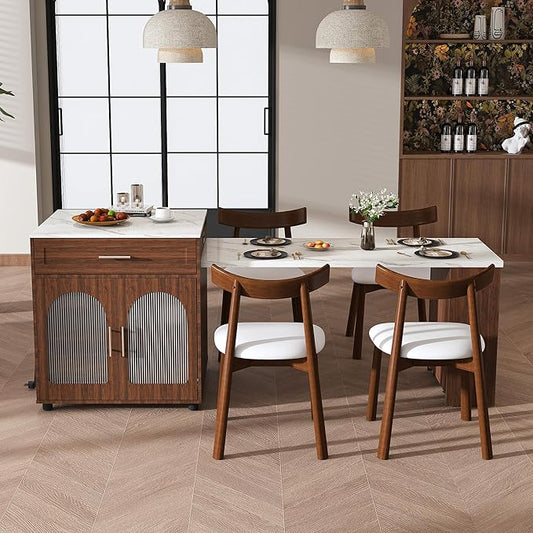 GOWE 80-Inch Expandable Kitchen Island Dining Set with 4 Solid Wood Chairs, Walnut Marble-Grain Countertop with Power Outlet, Mobile Storage Cart with Cabinet & 2 Drawers