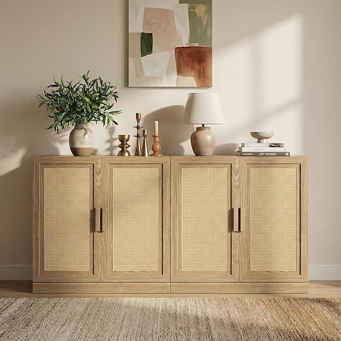Casaphoria Adam Sideboard Buffet Cabinet with Storage, Sideboard Cabinet with Rattan Doors & Adjustable Shelves, 62" W x 31" H Coffee Bar for Entryway Kitchen Living Room, Oak